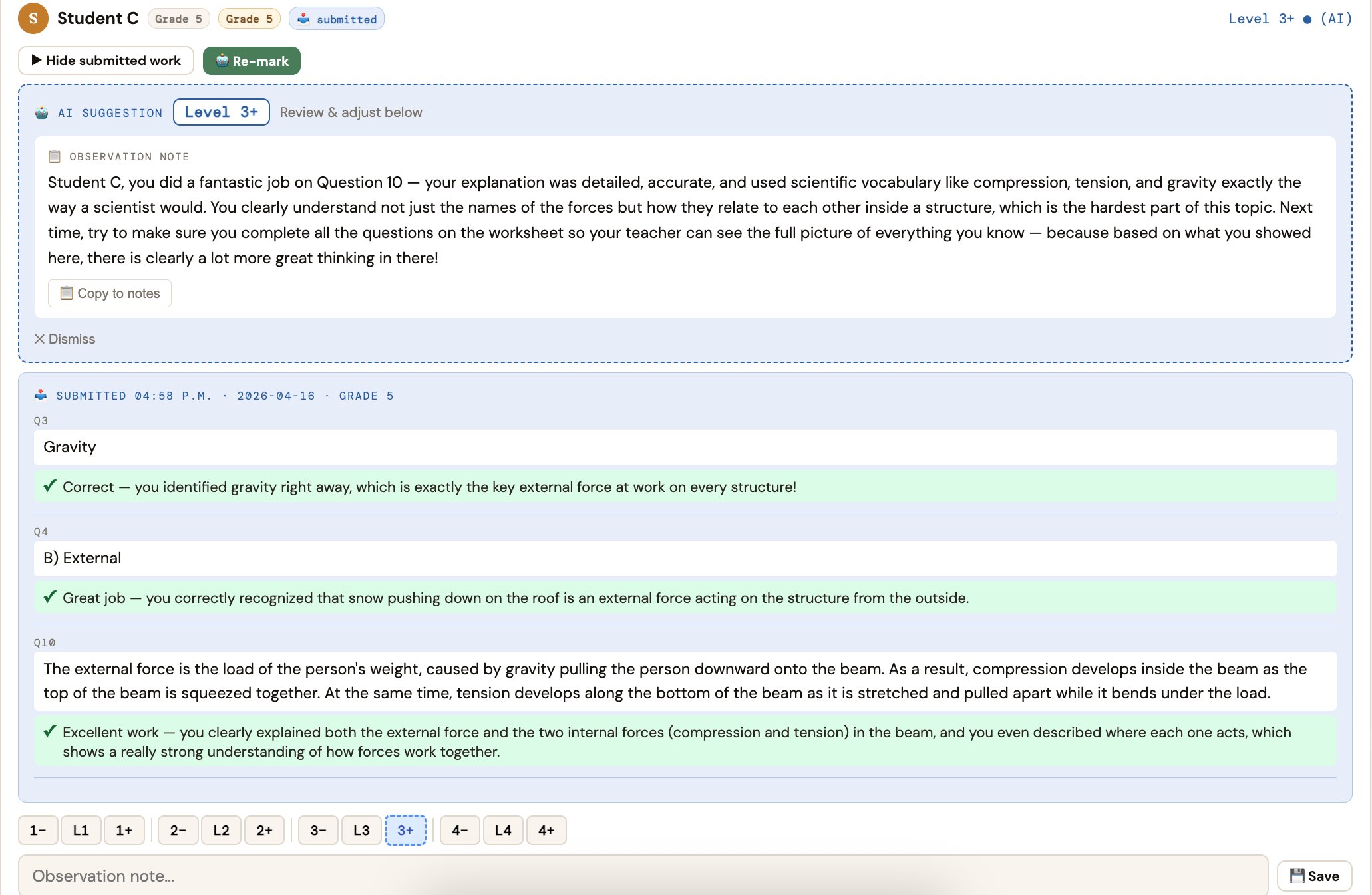TeacherAI auto-mark interface showing a student submission with AI Suggestion of Level 2+, a detailed observation note, per-question feedback with correct and incorrect answers marked, and manual level selector buttons from 1- through 4+.